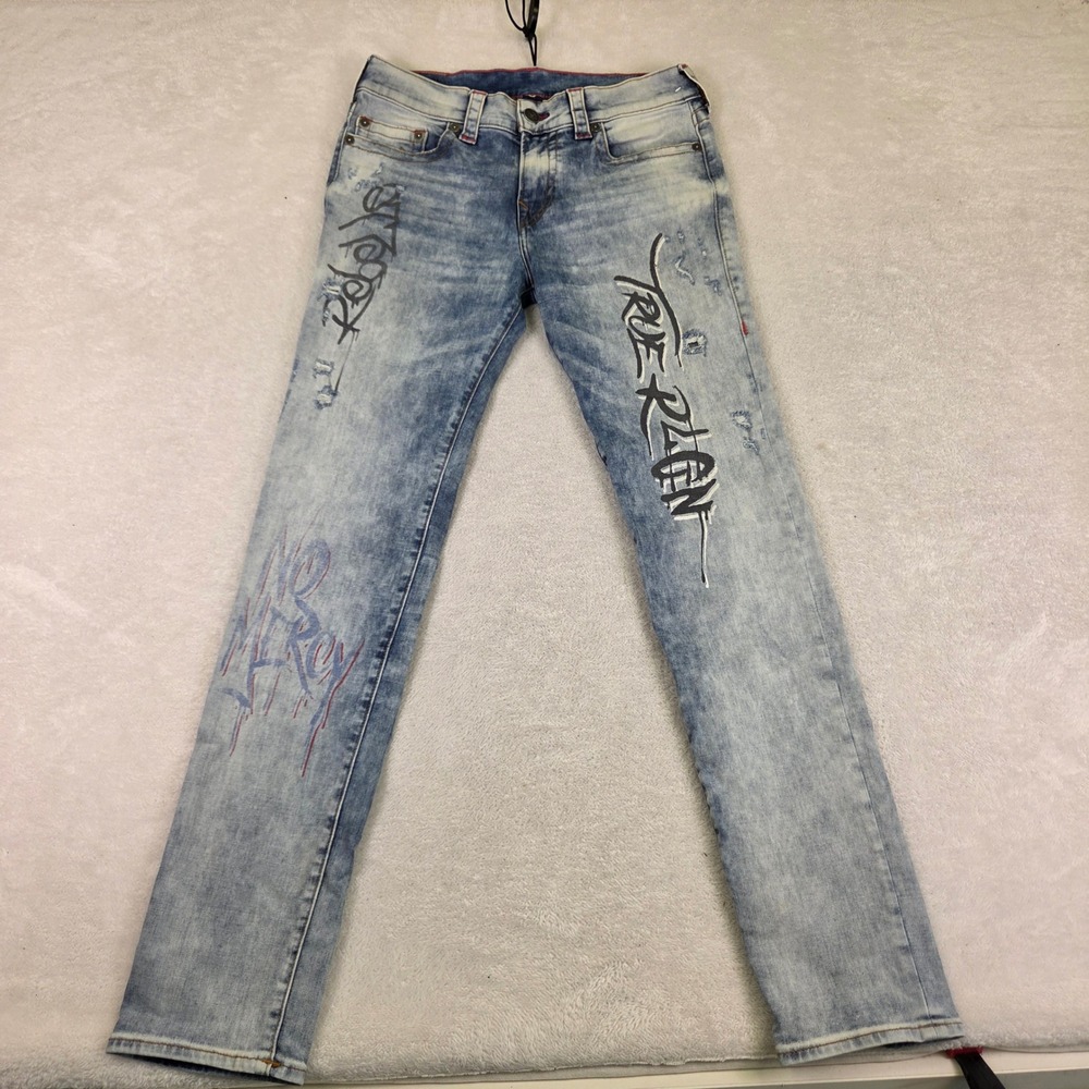 True Religion Rocco Relaxed Skinny Graffiti Distressed Jeans Light Wash Mens 32